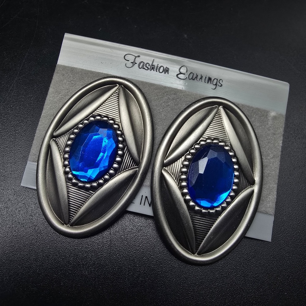 Blue Rhinestone Oval Earrings Pierced NOS Vintage Jewelry